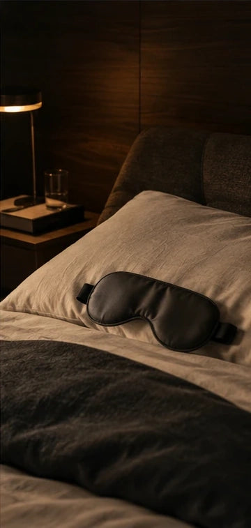 Premium bedroom with charcoal and cream bedding and sleep mask
