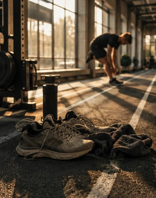 Premium athletic training environment with running shoes and training equipment