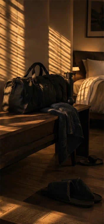 Premium evening recovery environment with athletic bag and warm lighting